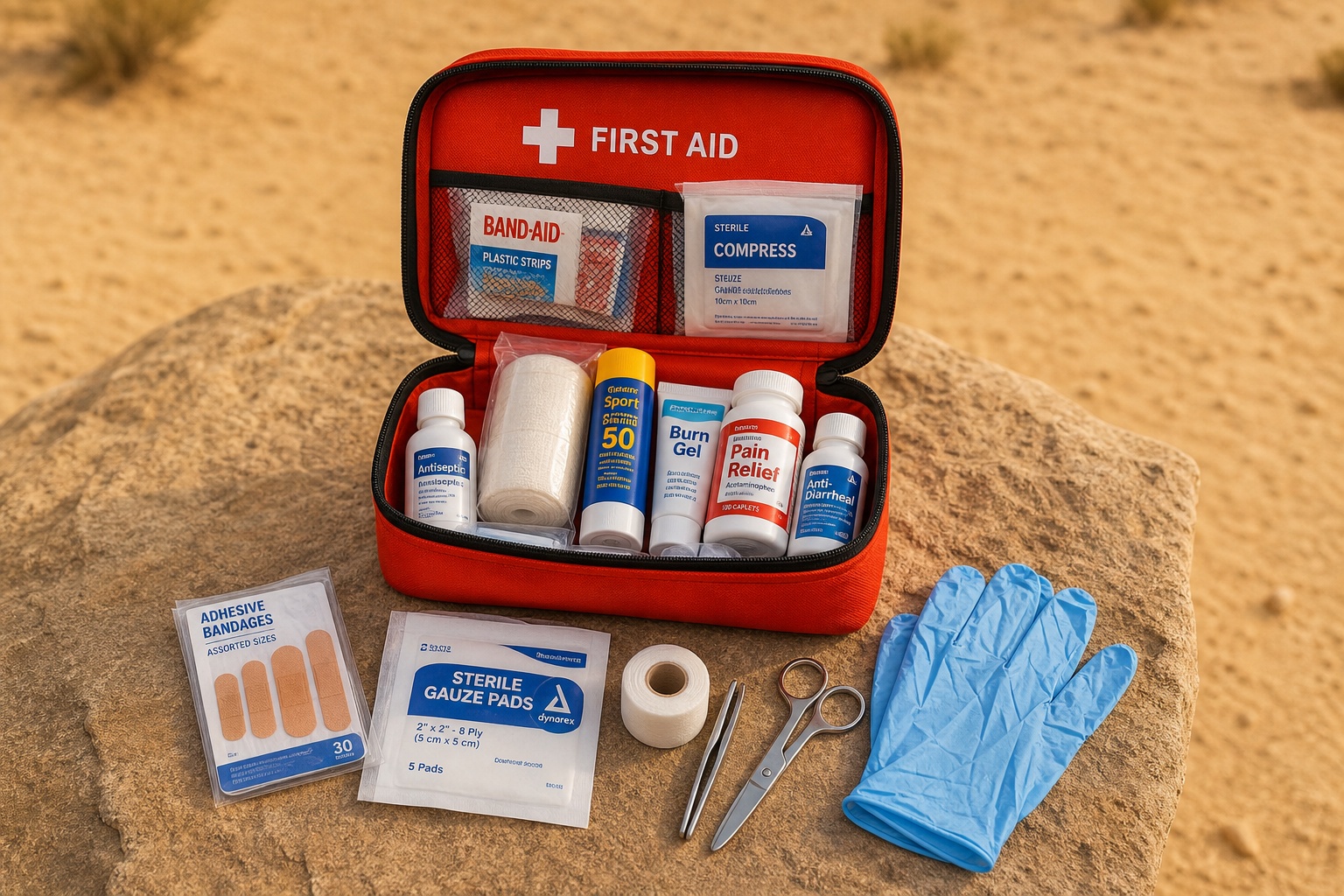 Trousse de premiers secours ouverte sur un rocher du désert
