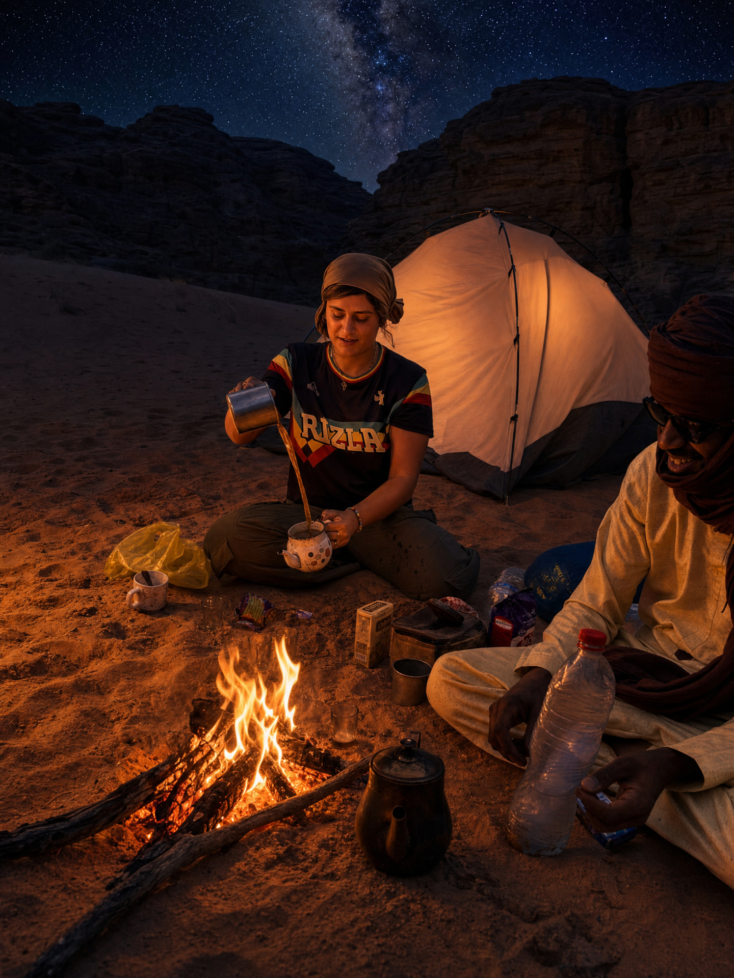 Bivouac autour du feu sous la Voie lactée