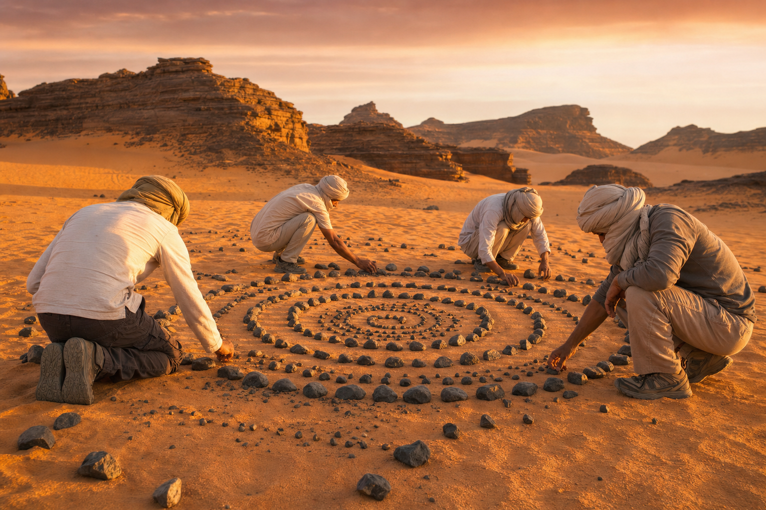 Voyageurs et guides créant une spirale de pierres en land art