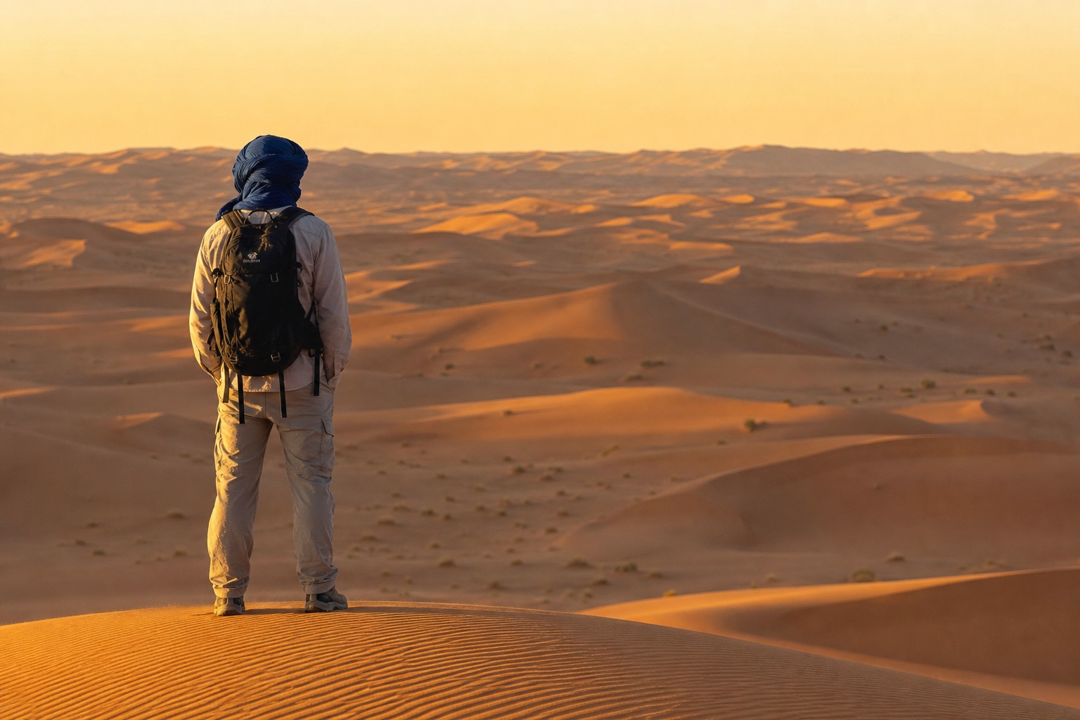 Voyageur avec sac à dos face à l'immensité des dunes