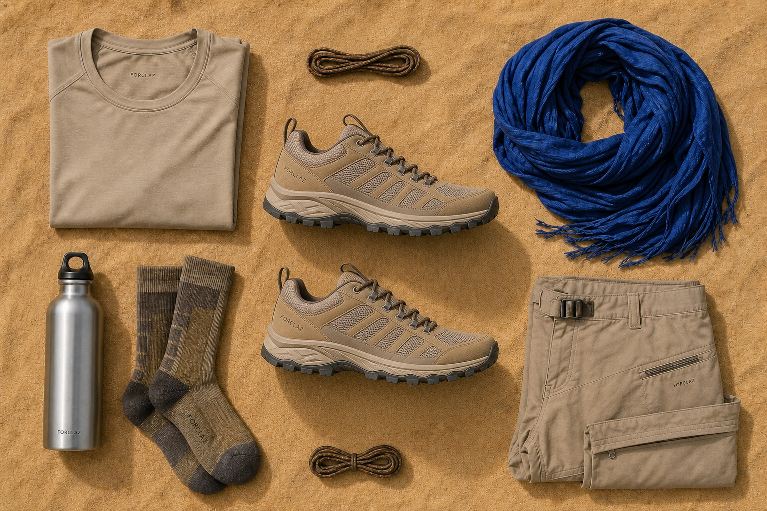 Vêtements et chaussures techniques posés sur le sable