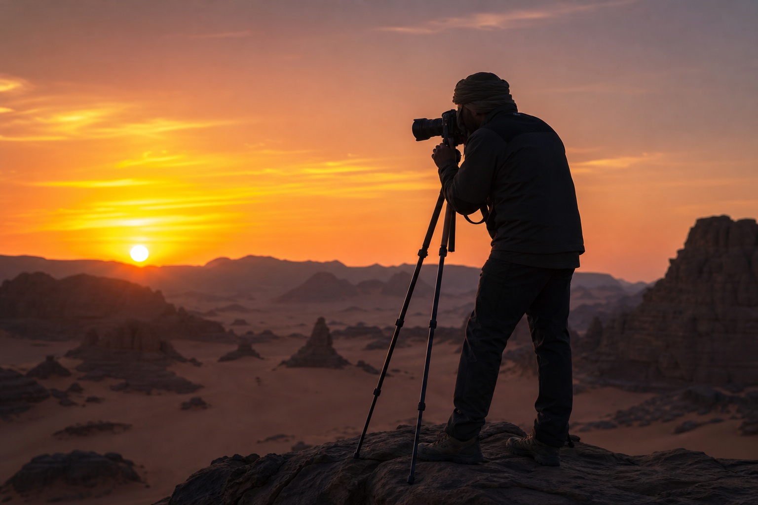 Photographe silhouette au coucher du soleil sur les rochers